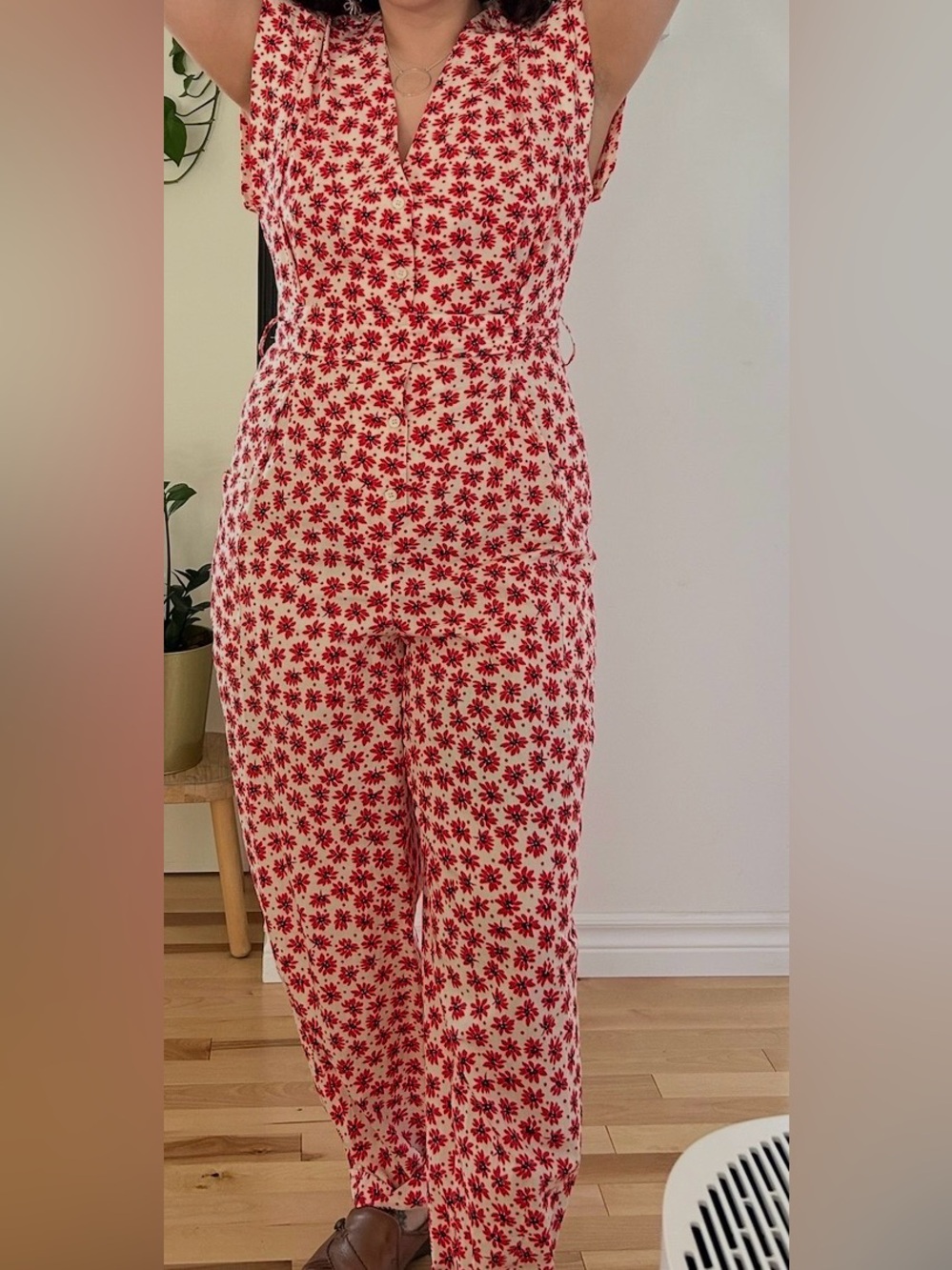 Zara Cream Jumpsuit with Red Floral Print